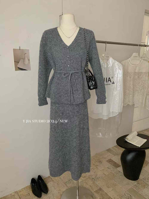 Women Winter Warm Knitted Cardigan With Skirts Sets
